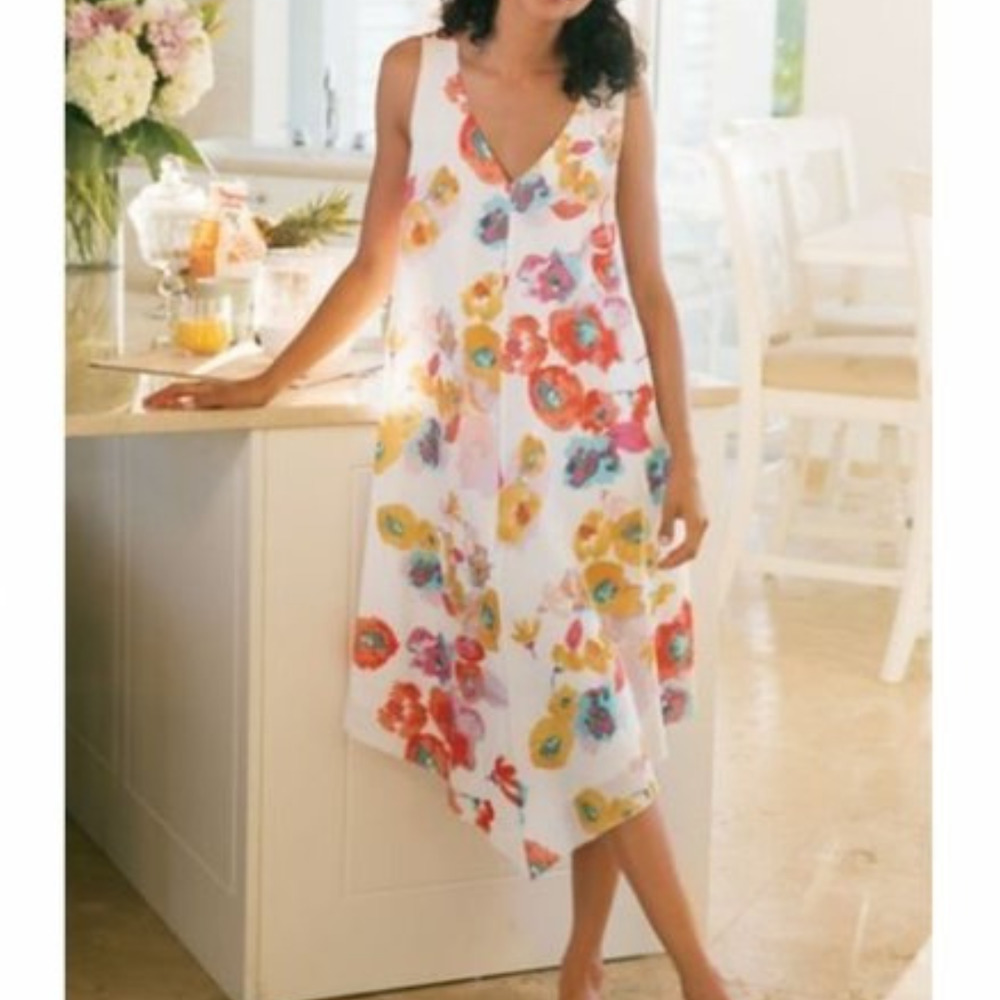 Soft Surroundings White Floral Midi Dress with Multicolor Blooms